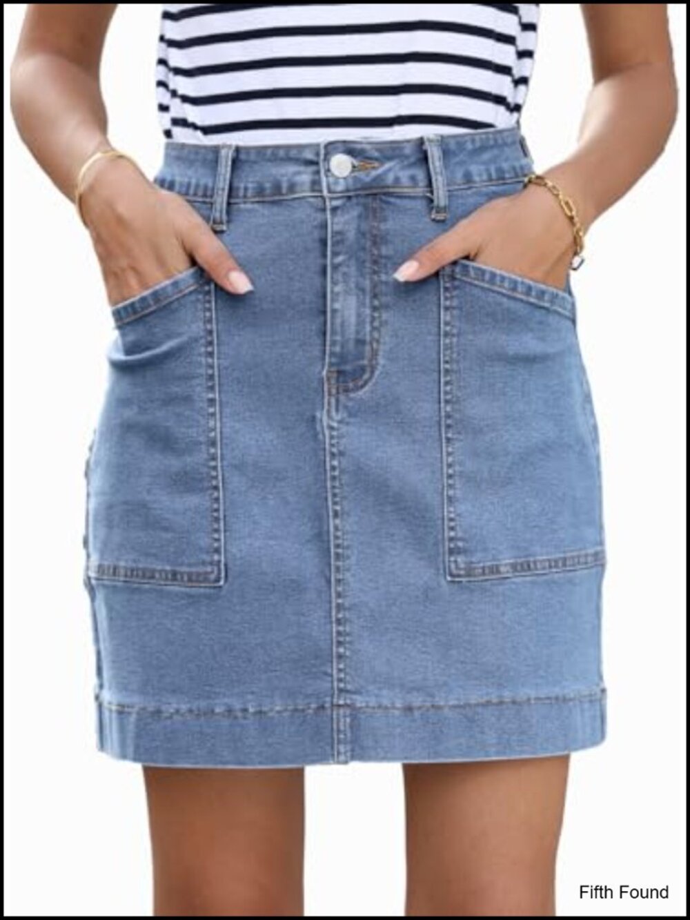 High Waisted Denim Jean Skirt with Pockets A-Line Knee Length